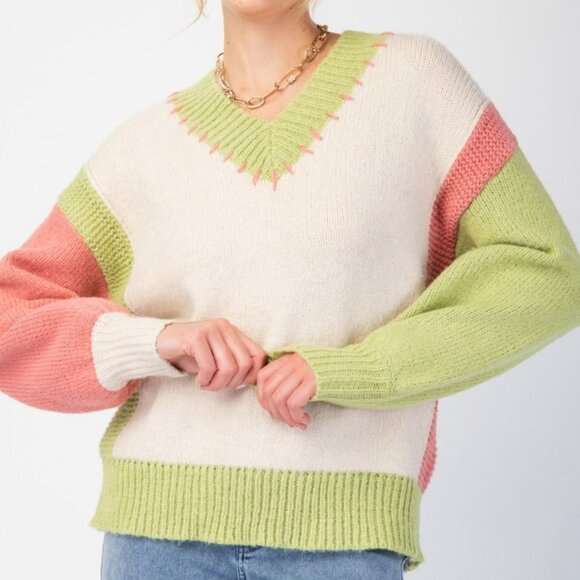 NWT Easel Color Block Knit Pullover Sweater In Oatmeal - Picture 3 of 5